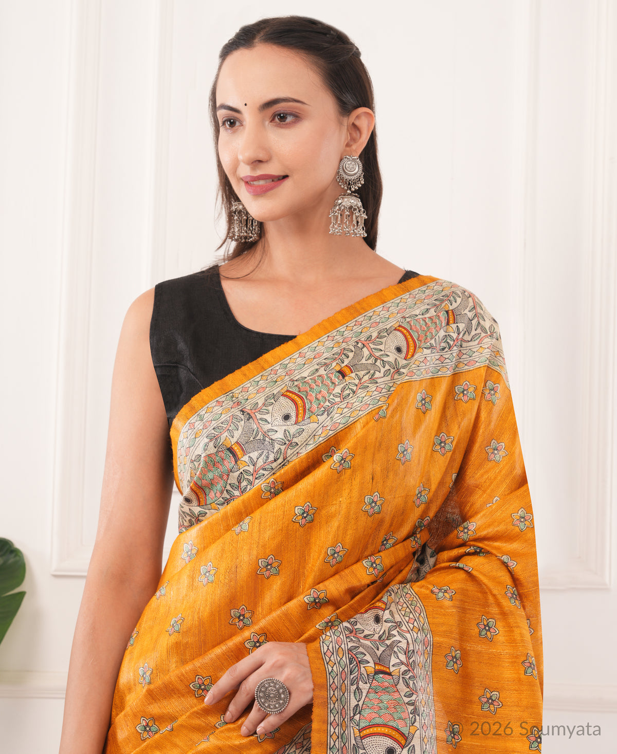 Saffron Madhubani Print Tussar Silk Saree with Fish Motif – Bhagalpuri