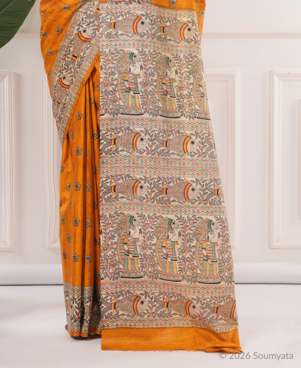Saffron Madhubani Print Tussar Silk Saree with Fish Motif – Bhagalpuri