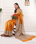 Saffron Madhubani Print Tussar Silk Saree with Fish Motif – Bhagalpuri