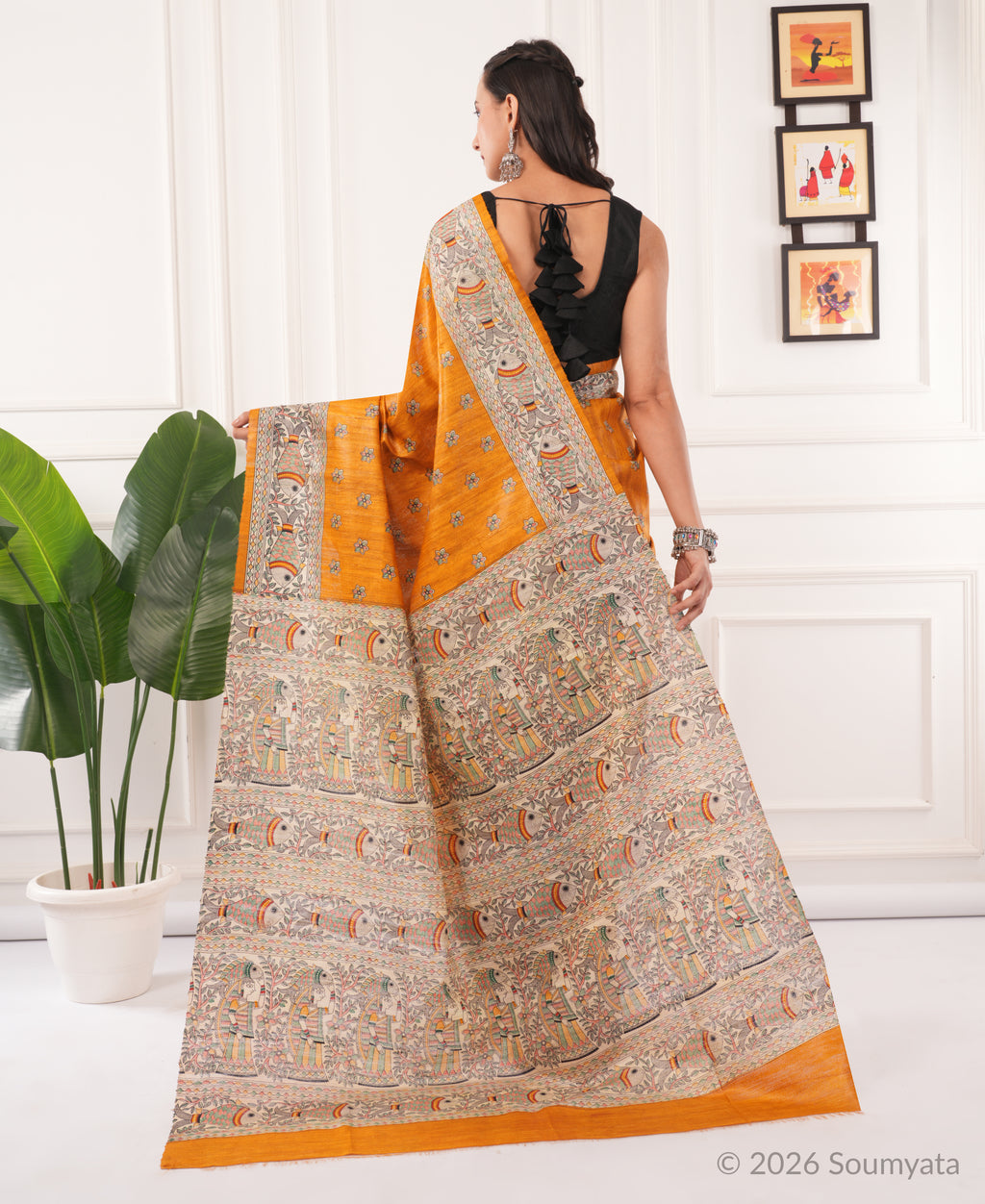 Saffron Madhubani Print Tussar Silk Saree with Fish Motif – Bhagalpuri