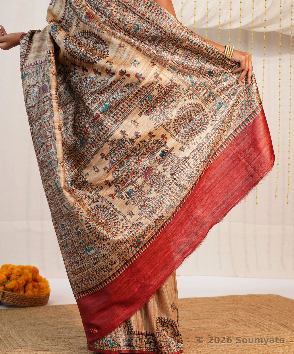 Natural Beige Warli Print Tussar Ghicha Silk Saree – Bhagalpuri Handloom