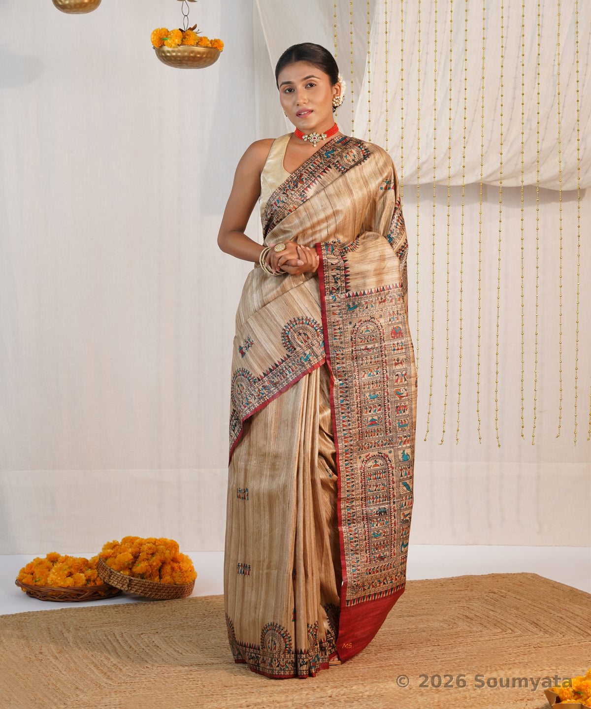 Natural Beige Warli Print Tussar Ghicha Silk Saree – Bhagalpuri Handloom