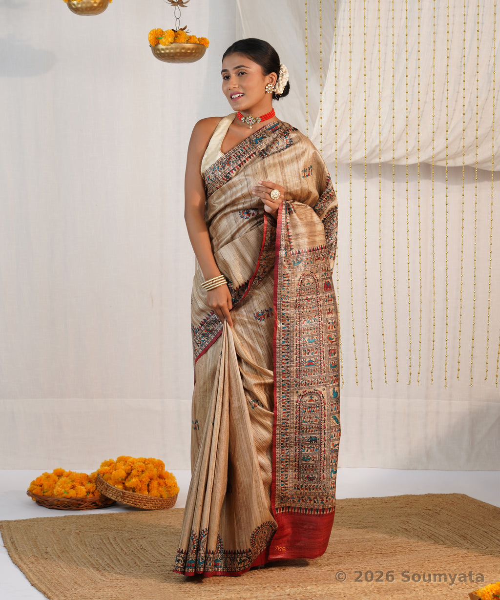 Natural Beige Warli Print Tussar Ghicha Silk Saree – Bhagalpuri Handloom