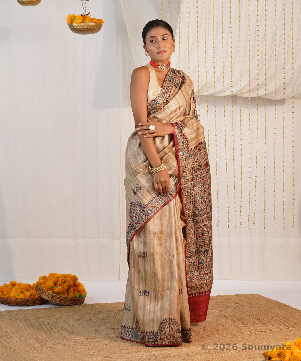 Natural Beige Warli Print Tussar Ghicha Silk Saree – Bhagalpuri Handloom