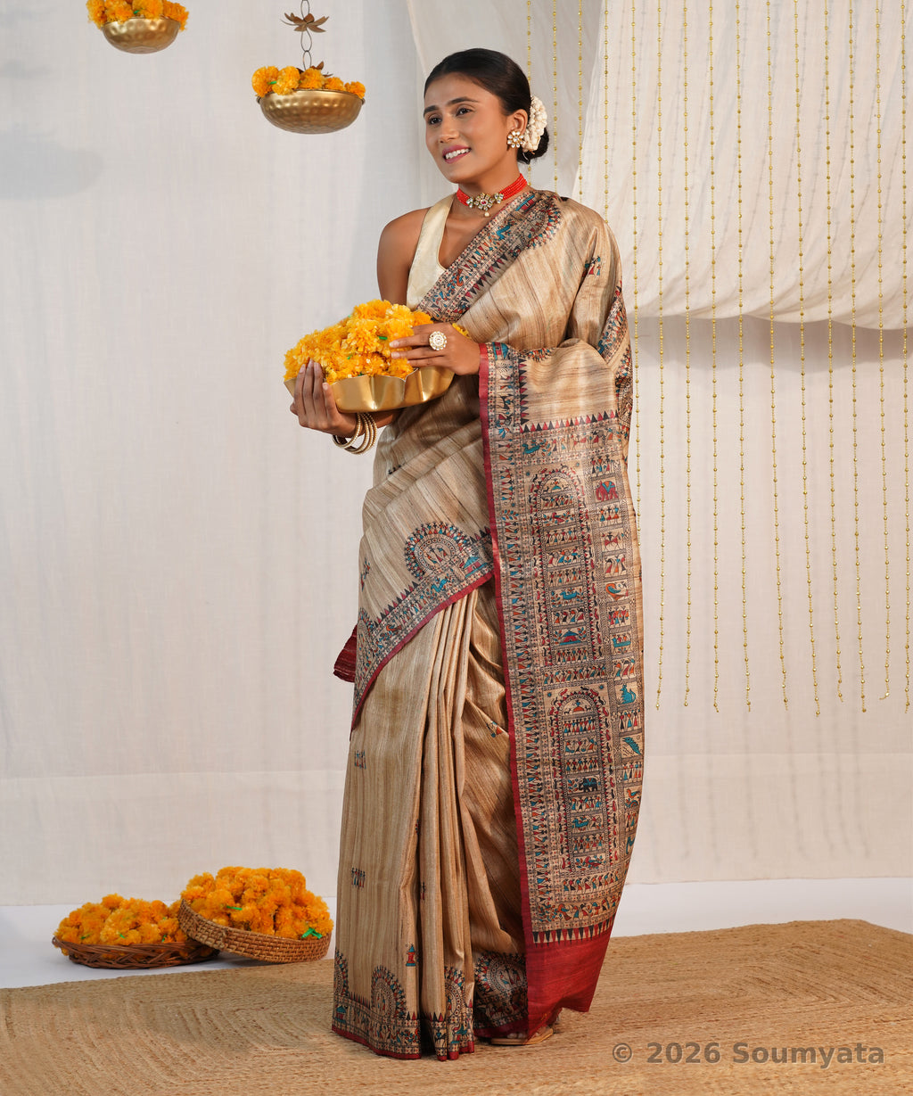 Natural Beige Warli Print Tussar Ghicha Silk Saree – Bhagalpuri Handloom