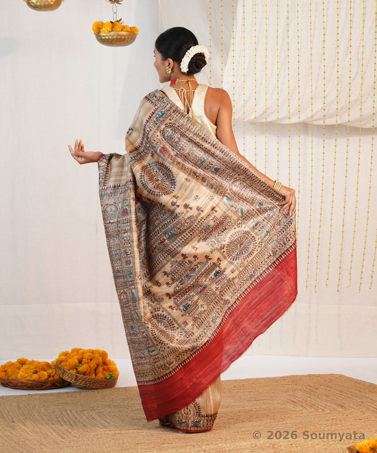 Natural Beige Warli Print Tussar Ghicha Silk Saree – Bhagalpuri Handloom