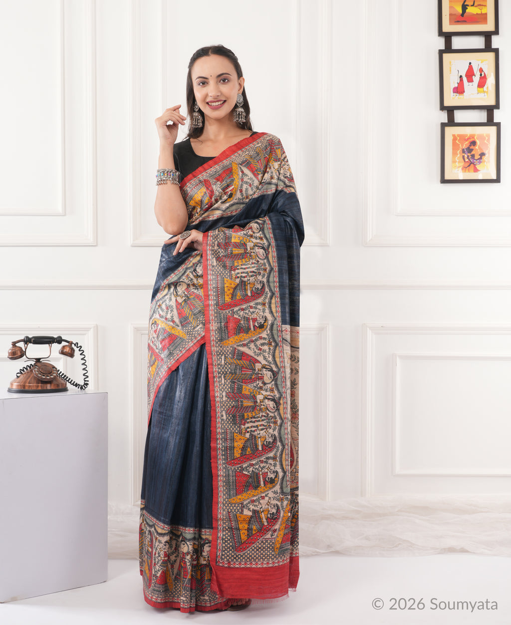Slate Blue Madhubani Print Tussar Silk Saree with Red Border – Bhagalpuri
