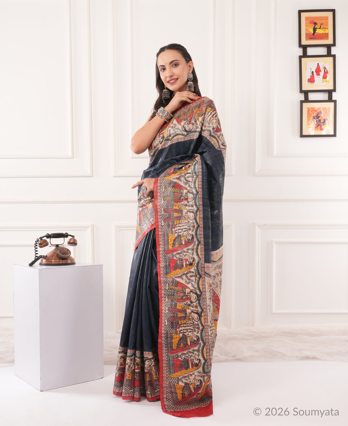 Slate Blue Madhubani Print Tussar Silk Saree with Red Border – Bhagalpuri
