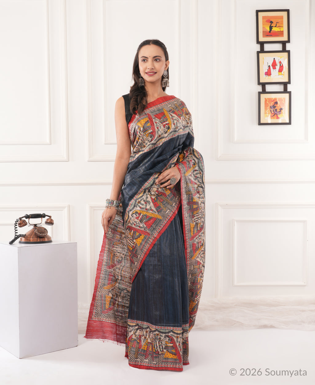 Slate Blue Madhubani Print Tussar Silk Saree with Red Border – Bhagalpuri