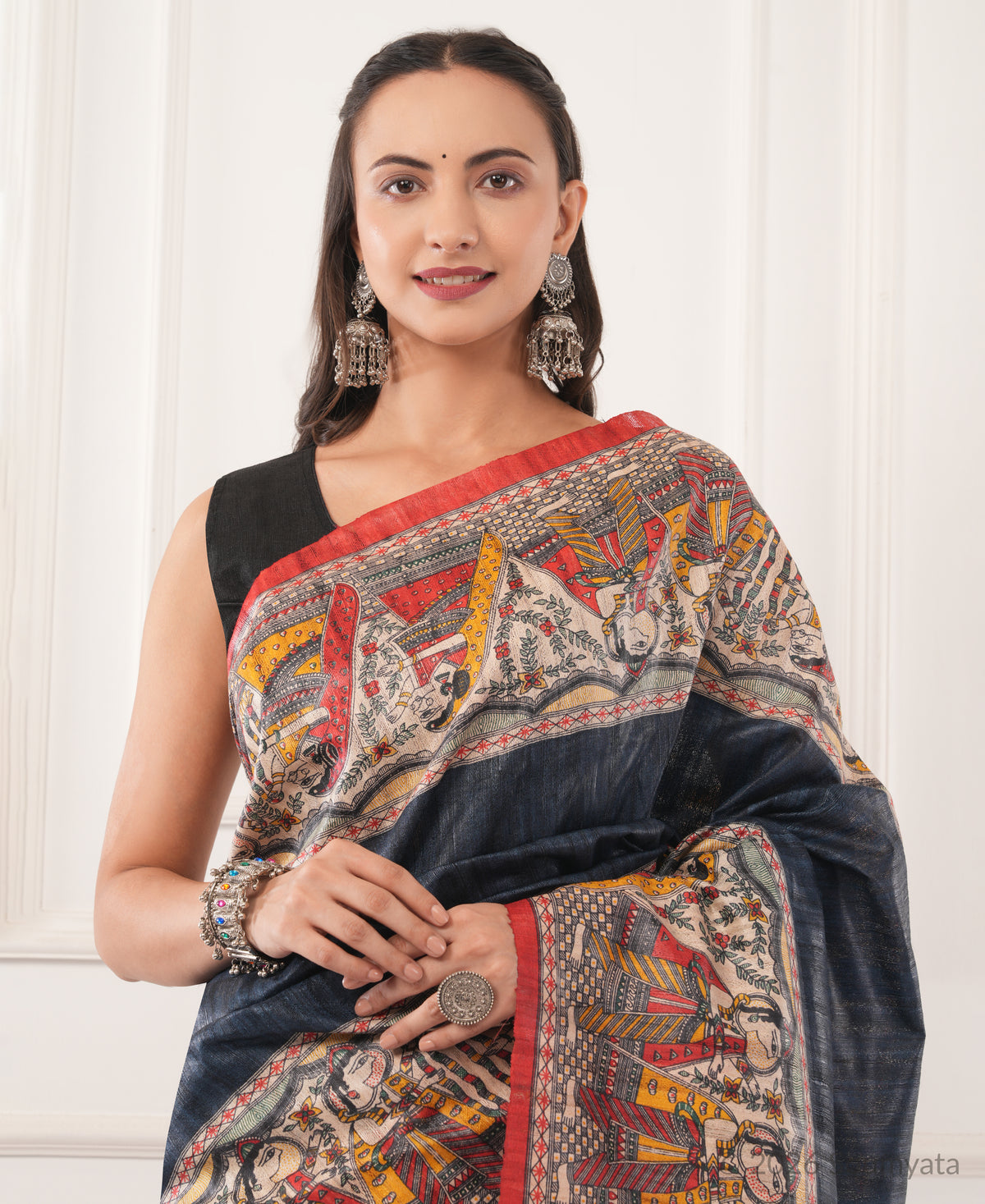 Slate Blue Madhubani Print Tussar Silk Saree with Red Border – Bhagalpuri