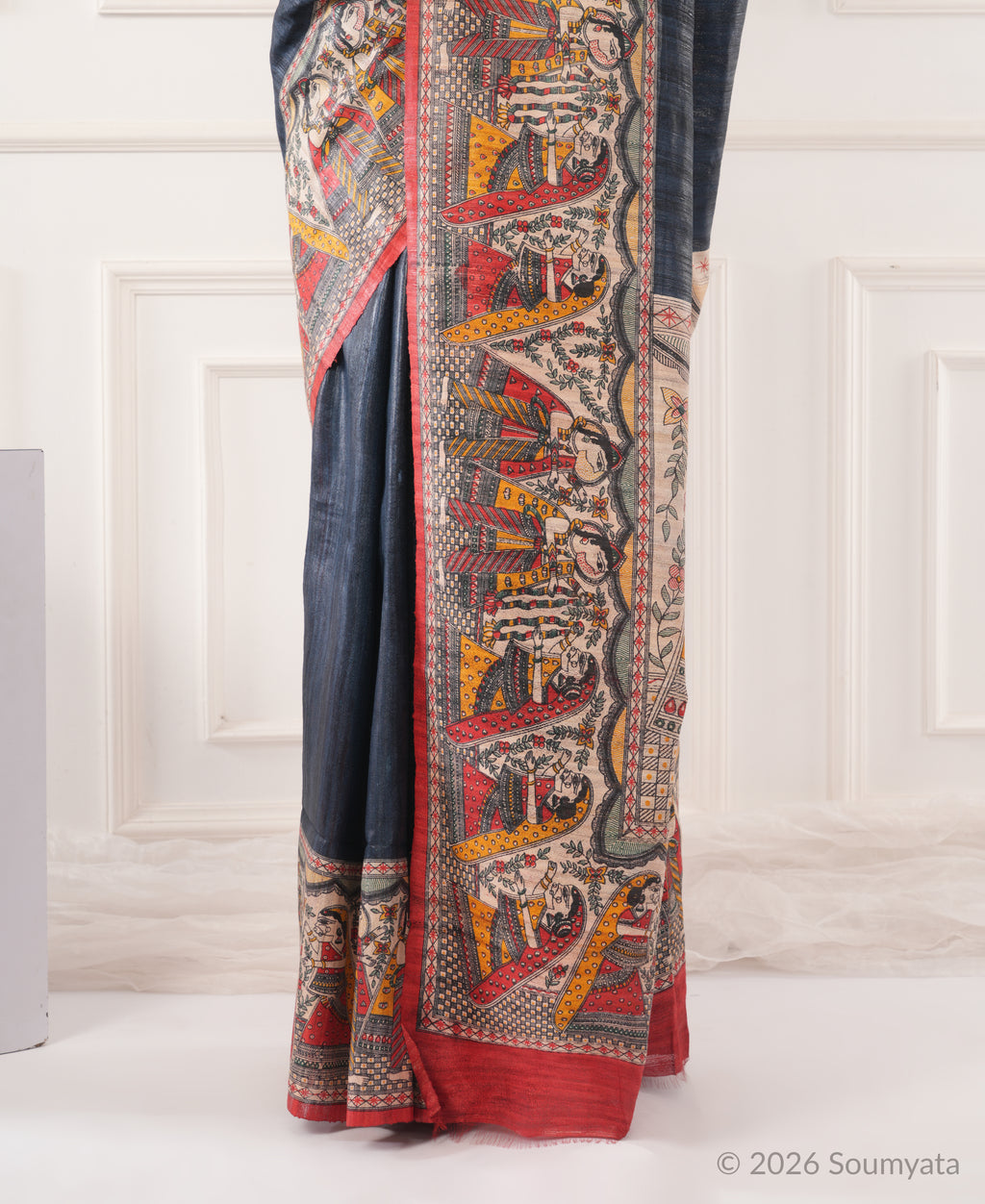 Slate Blue Madhubani Print Tussar Silk Saree with Red Border – Bhagalpuri