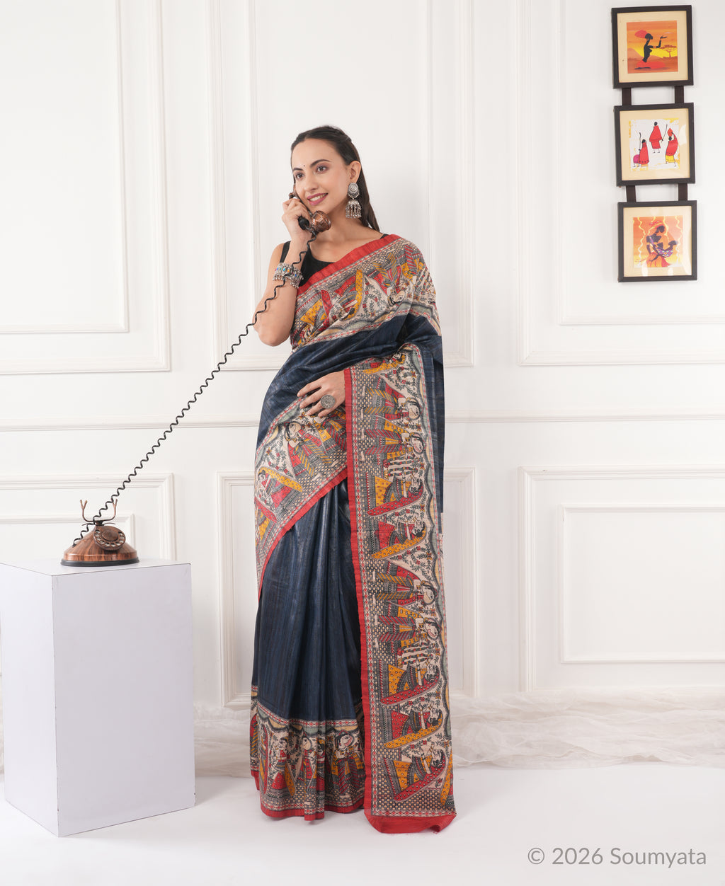Slate Blue Madhubani Print Tussar Silk Saree with Red Border – Bhagalpuri