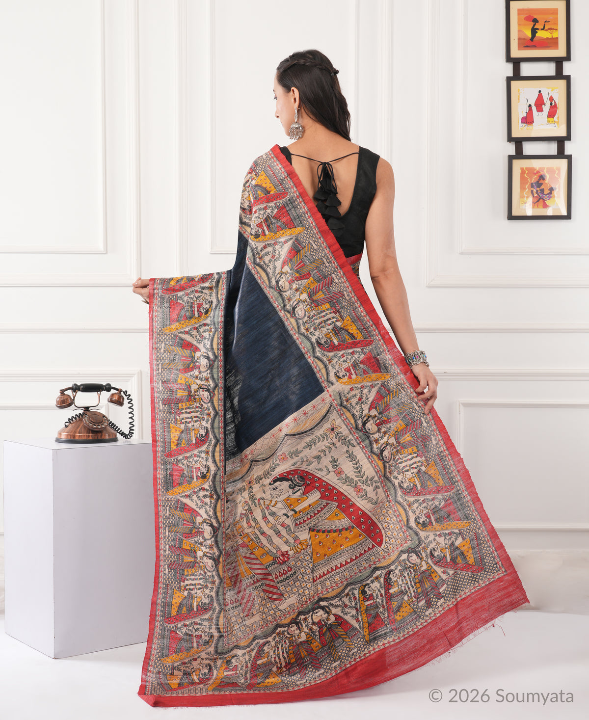 Slate Blue Madhubani Print Tussar Silk Saree with Red Border – Bhagalpuri