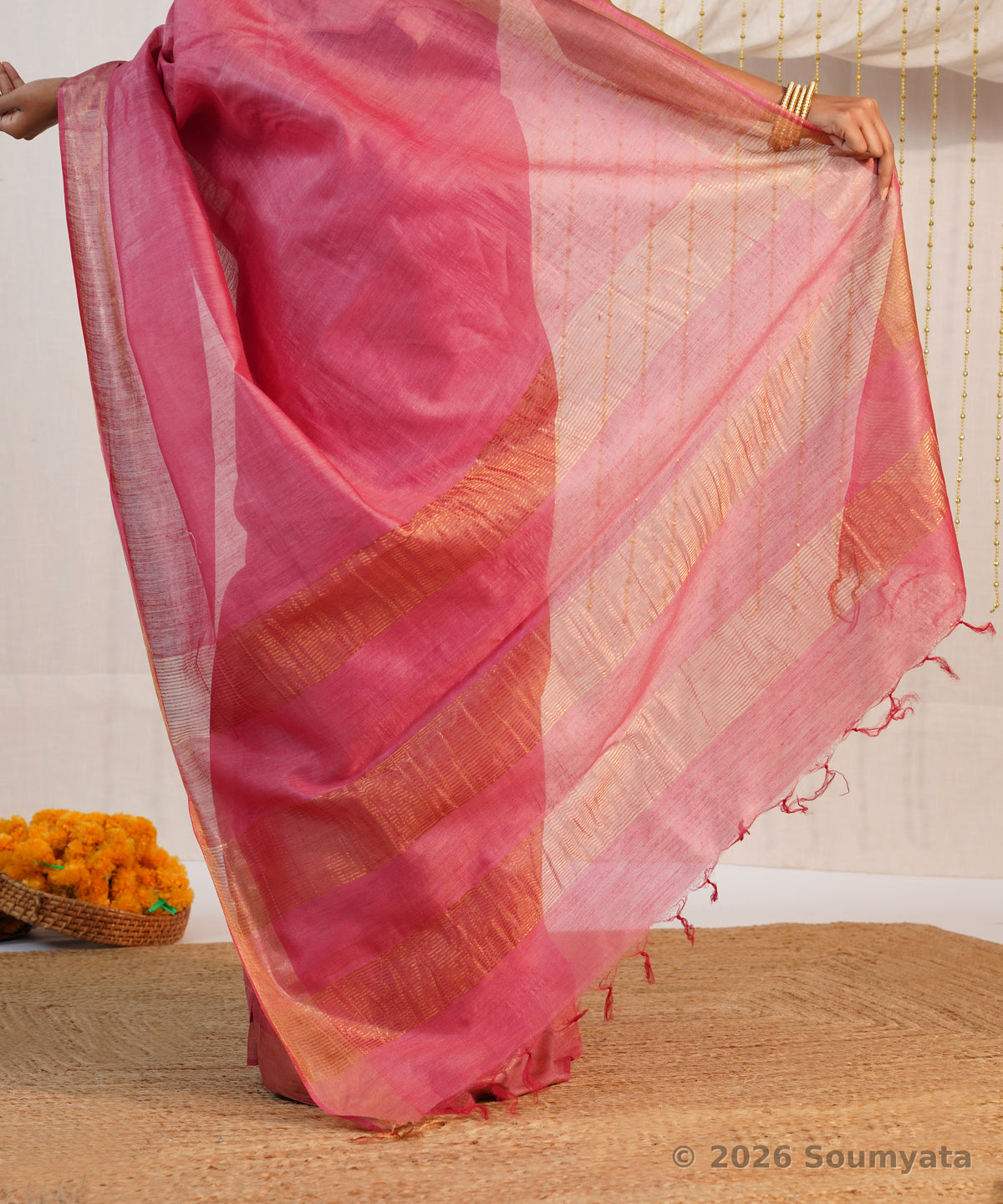 Rose Pink Handloom Silk Saree with Gold Zari Stripes – Bhagalpuri