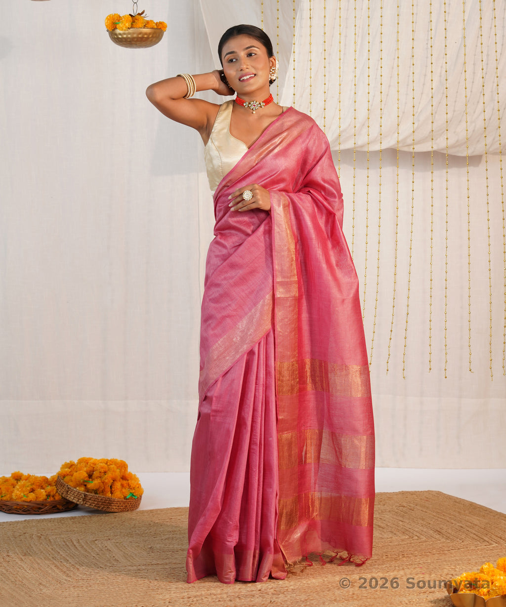 Rose Pink Handloom Silk Saree with Gold Zari Stripes – Bhagalpuri