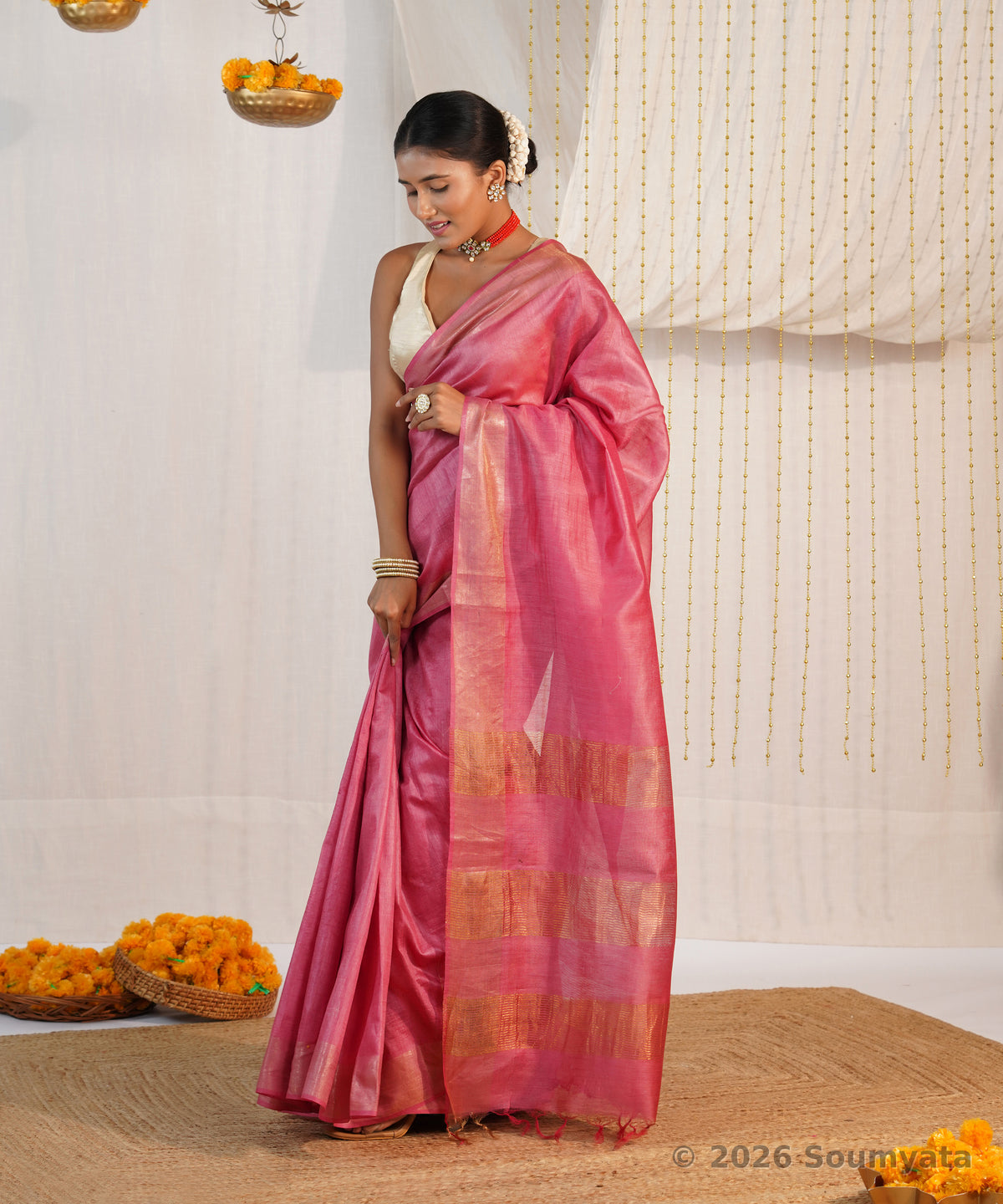 Rose Pink Handloom Silk Saree with Gold Zari Stripes – Bhagalpuri