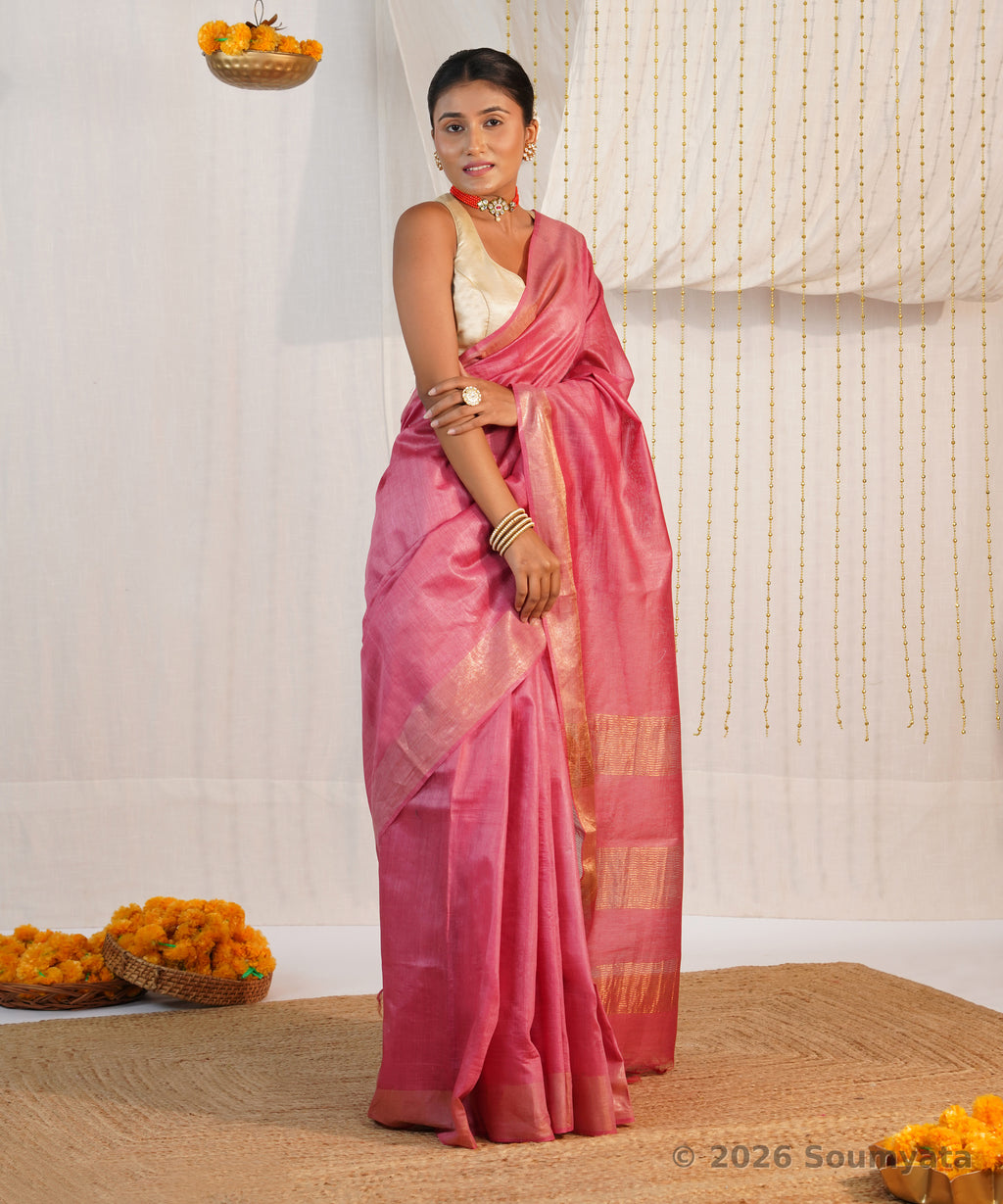 Rose Pink Handloom Silk Saree with Gold Zari Stripes – Bhagalpuri