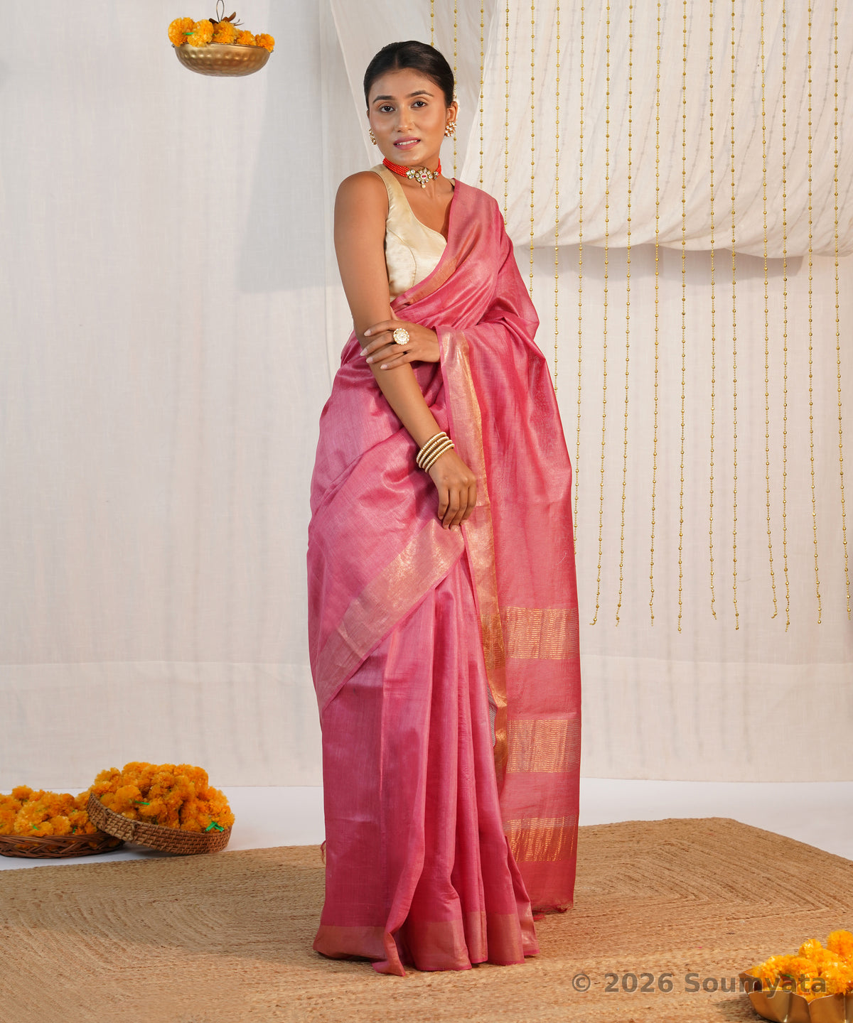 Rose Pink Handloom Silk Saree with Gold Zari Stripes – Bhagalpuri