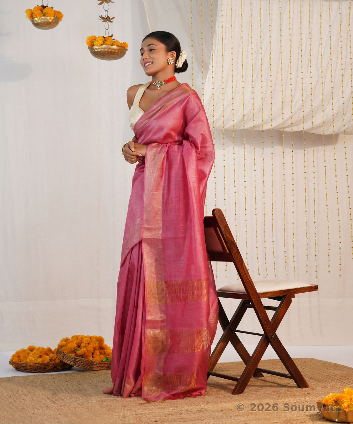 Rose Pink Handloom Silk Saree with Gold Zari Stripes – Bhagalpuri