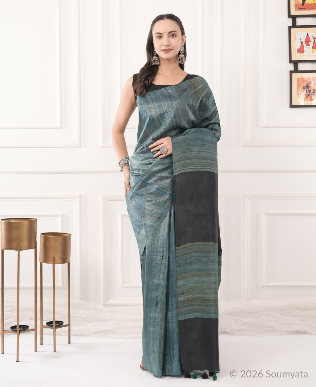 Teal Grey Tussar Ghicha Silk Saree with Black Pallu – Bhagalpuri Handloom