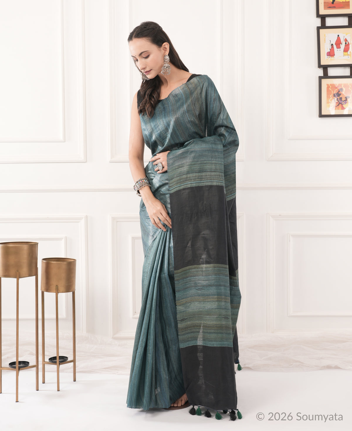Teal Grey Tussar Ghicha Silk Saree with Black Pallu – Bhagalpuri Handloom