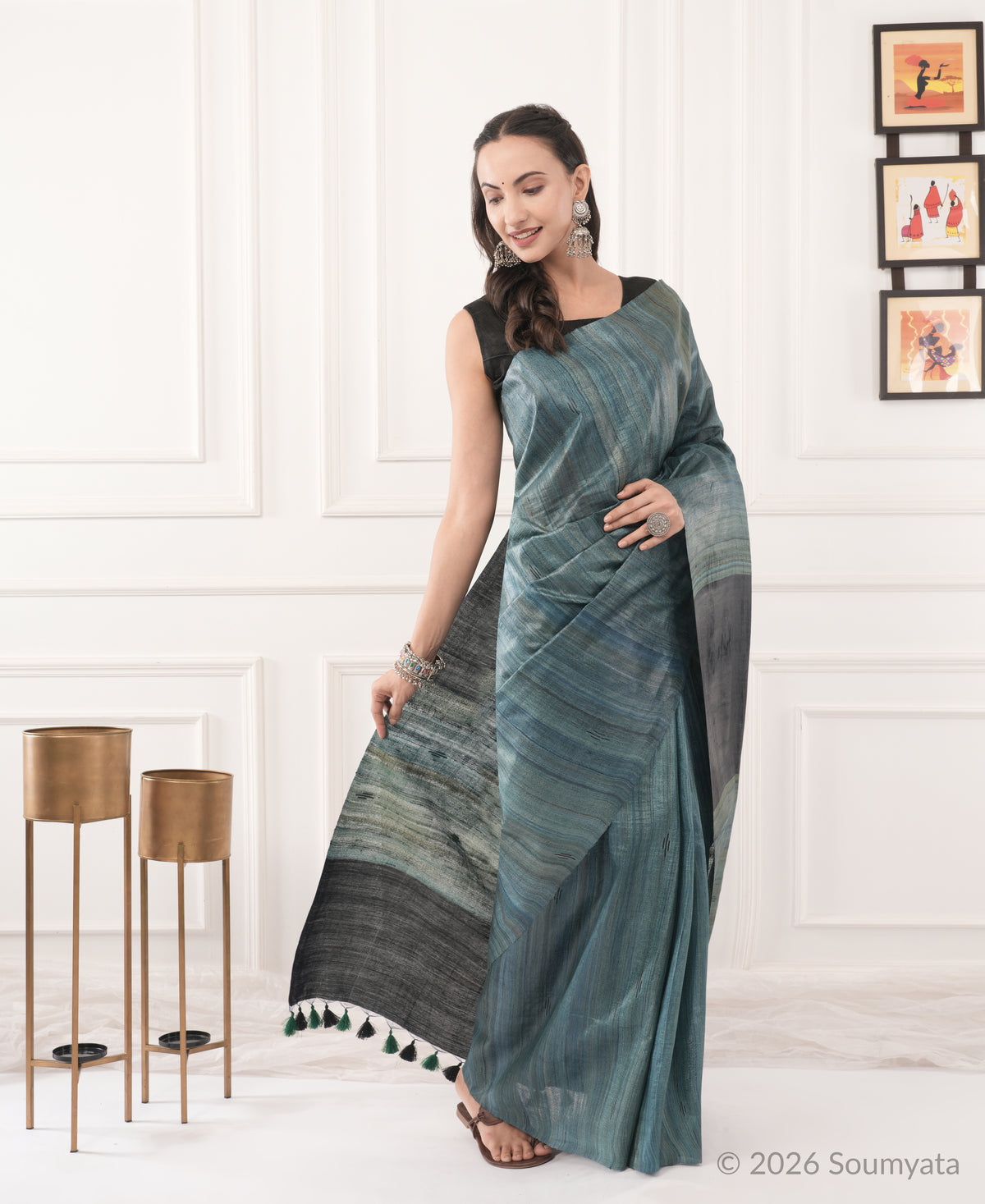 Teal Grey Tussar Ghicha Silk Saree with Black Pallu – Bhagalpuri Handloom