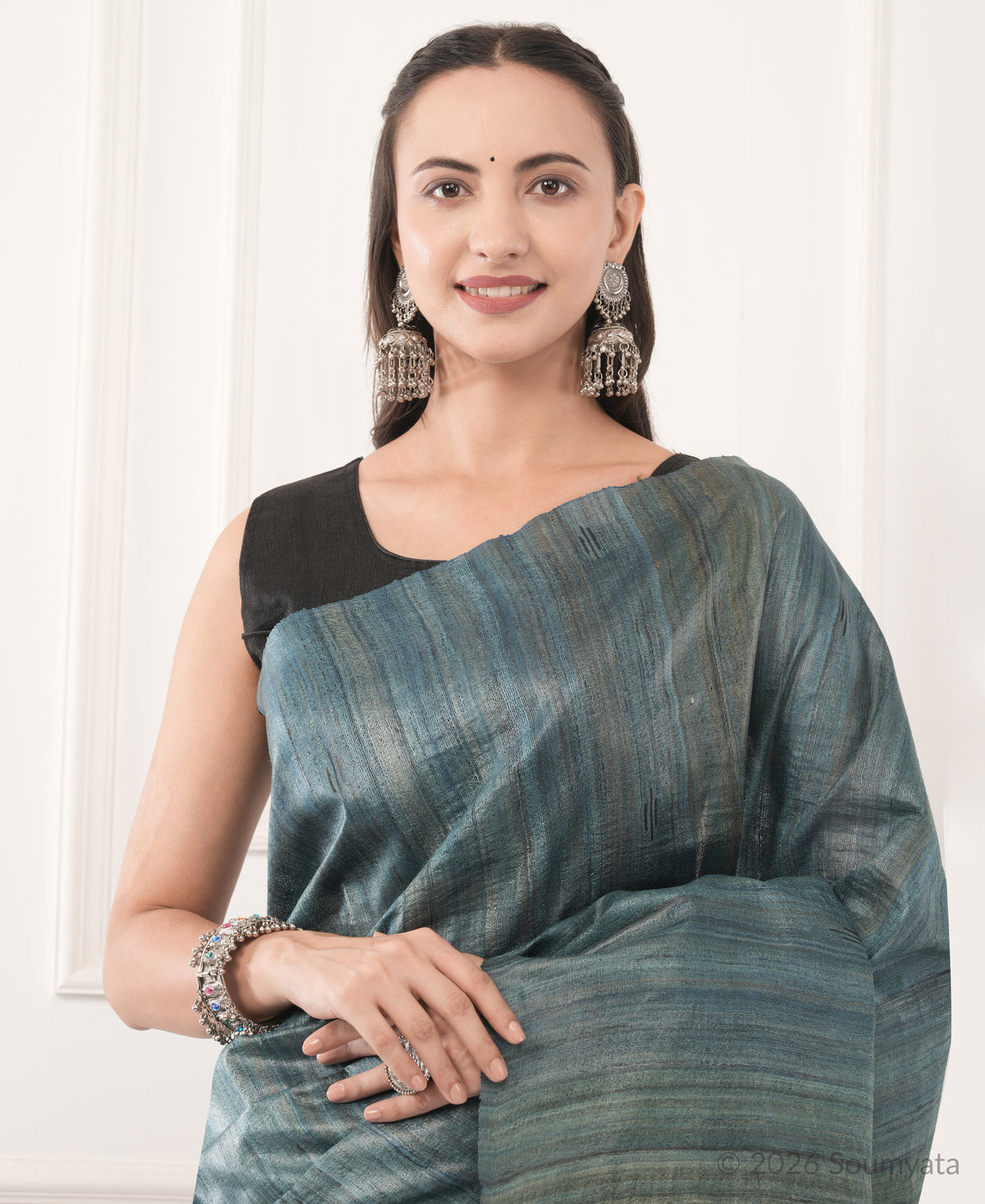 Teal Grey Tussar Ghicha Silk Saree with Black Pallu – Bhagalpuri Handloom