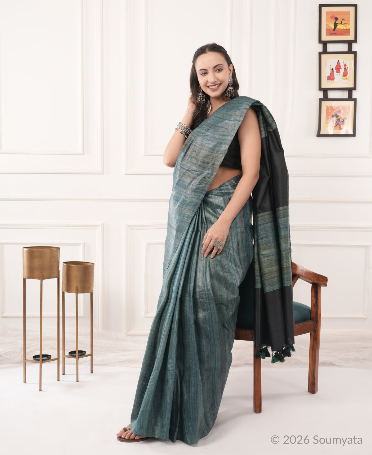 Teal Grey Tussar Ghicha Silk Saree with Black Pallu – Bhagalpuri Handloom