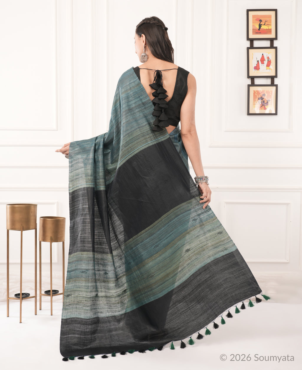 Teal Grey Tussar Ghicha Silk Saree with Black Pallu – Bhagalpuri Handloom