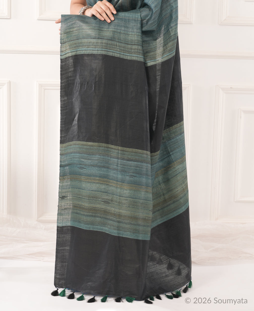 Teal Grey Tussar Ghicha Silk Saree with Black Pallu – Bhagalpuri Handloom