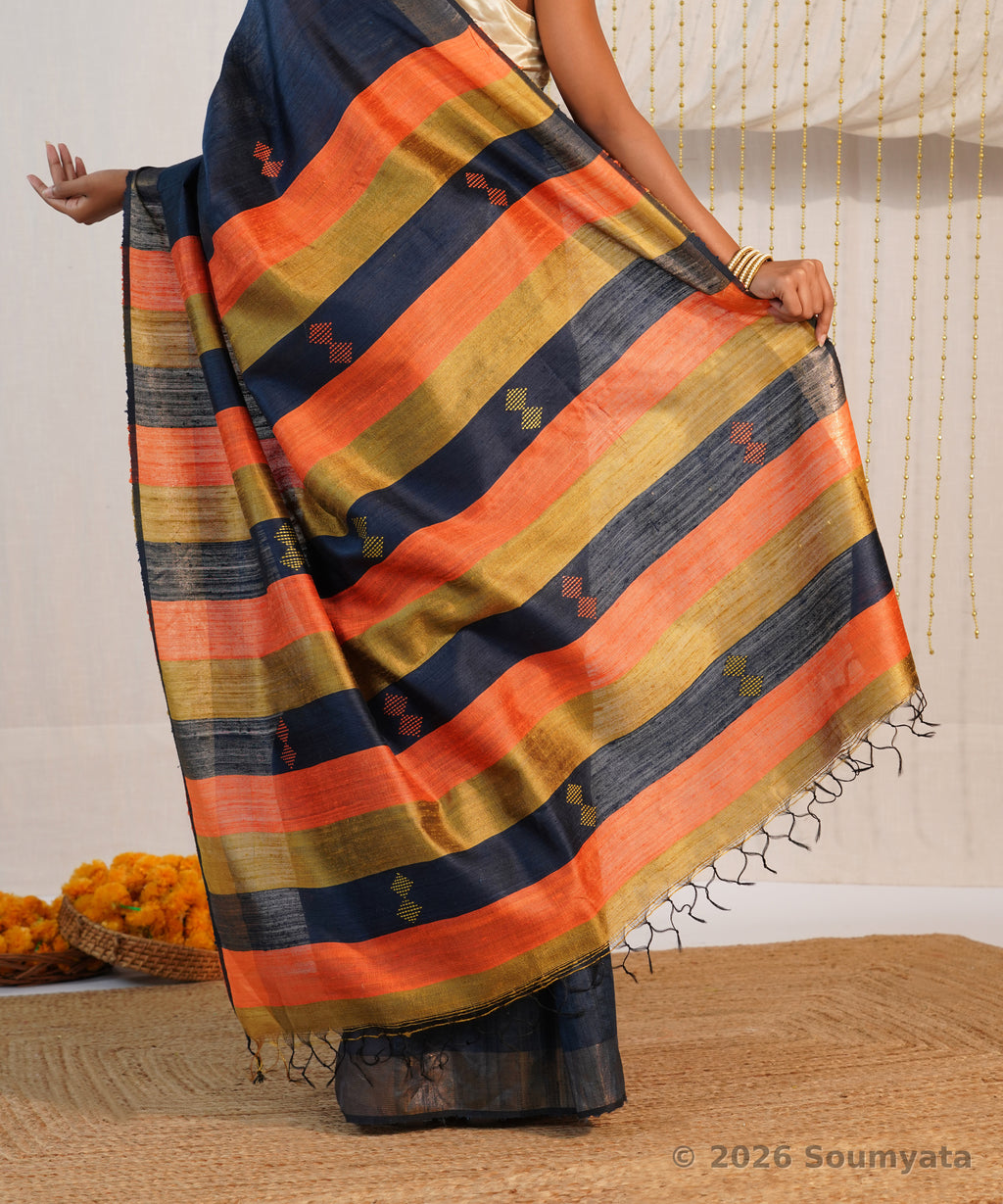 Navy Blue Dupion Silk Saree with Gold Zari and Striped Pallu – Bhagalpuri