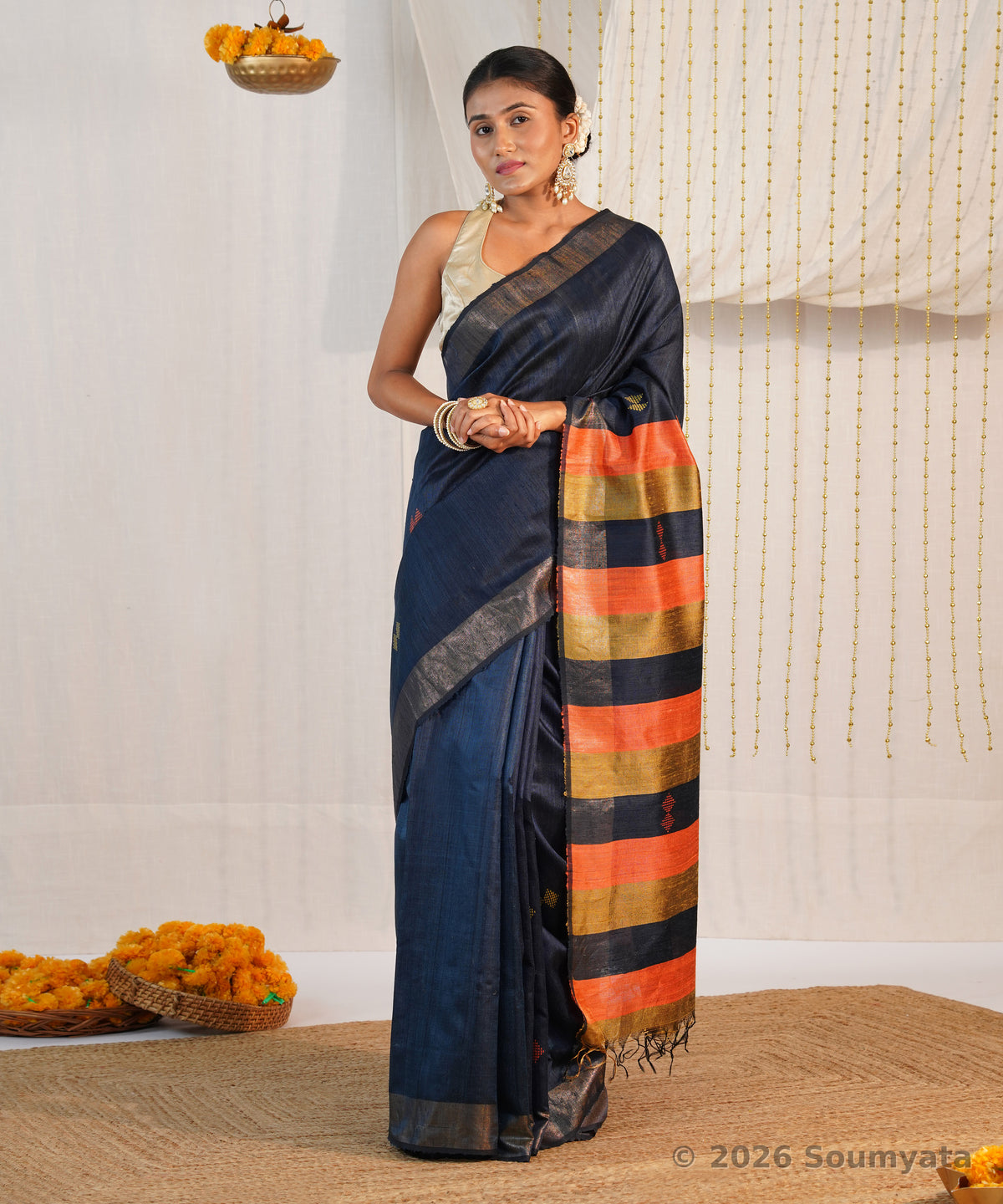 Navy Blue Dupion Silk Saree with Gold Zari and Striped Pallu – Bhagalpuri