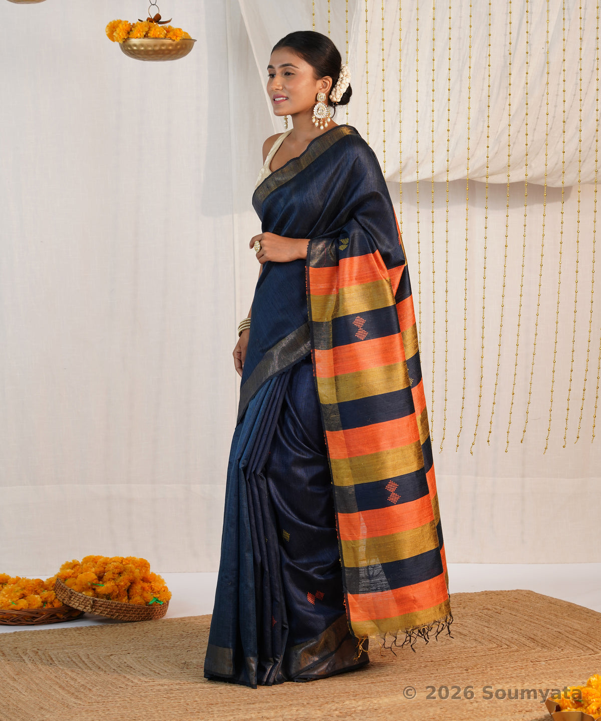 Navy Blue Dupion Silk Saree with Gold Zari and Striped Pallu – Bhagalpuri