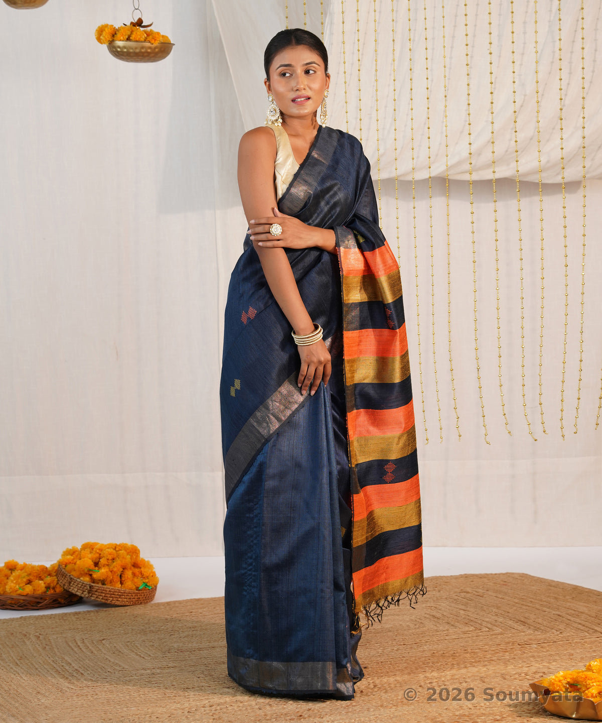 Navy Blue Dupion Silk Saree with Gold Zari and Striped Pallu – Bhagalpuri