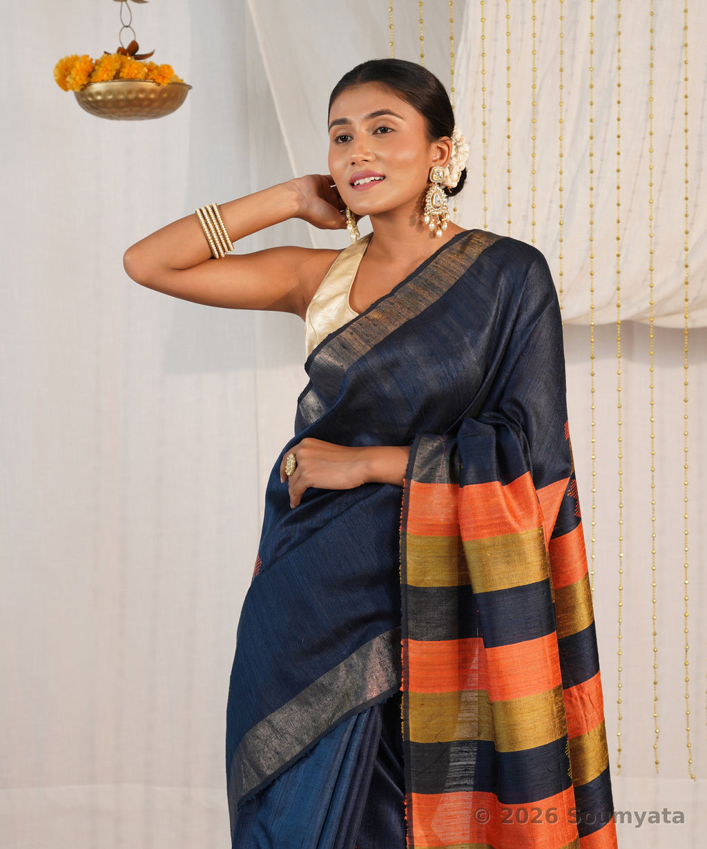 Navy Blue Dupion Silk Saree with Gold Zari and Striped Pallu – Bhagalpuri