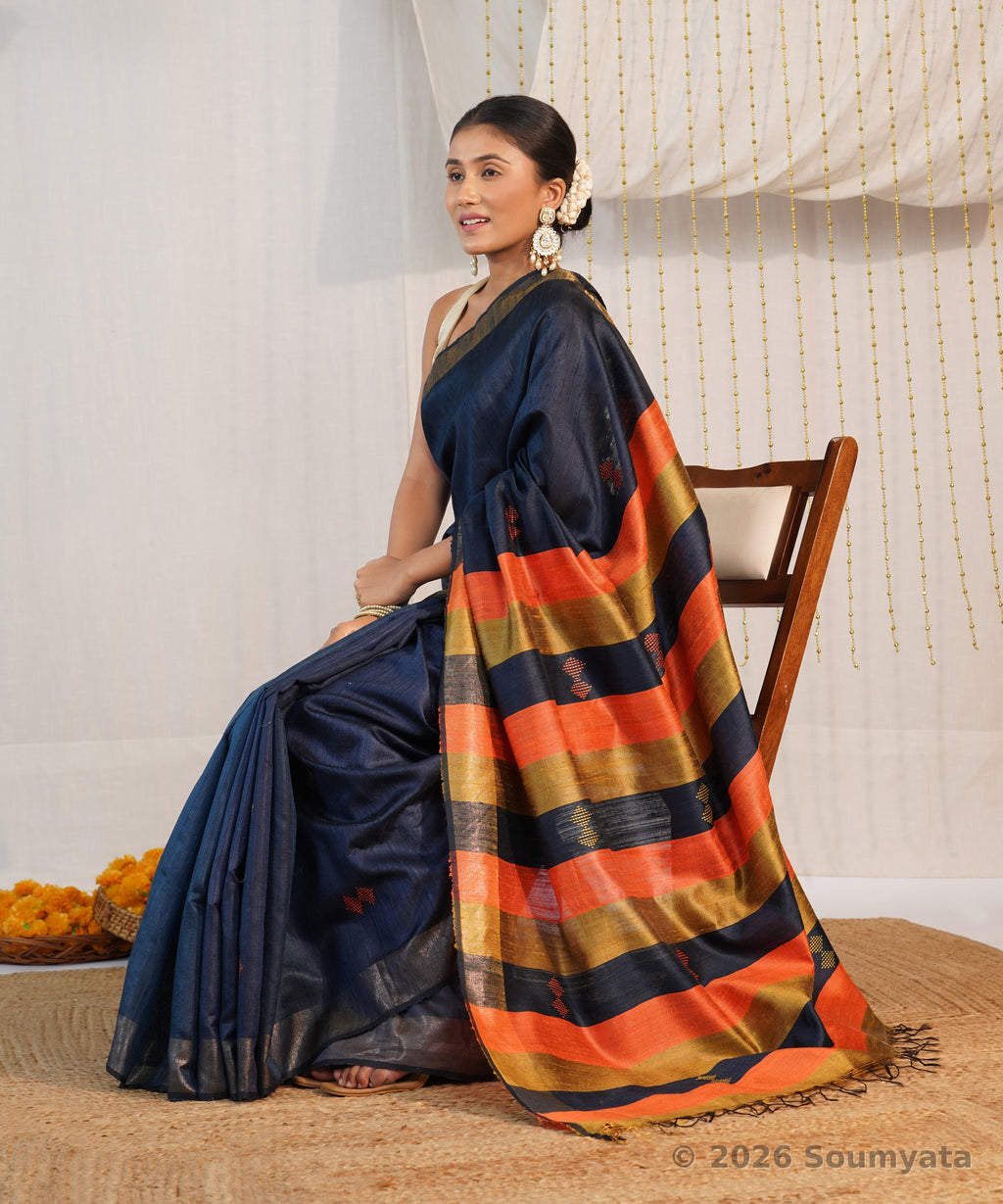 Navy Blue Dupion Silk Saree with Gold Zari and Striped Pallu – Bhagalpuri