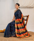 Navy Blue Dupion Silk Saree with Gold Zari and Striped Pallu – Bhagalpuri