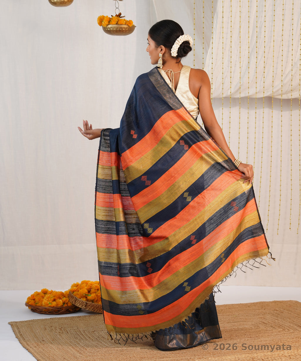 Navy Blue Dupion Silk Saree with Gold Zari and Striped Pallu – Bhagalpuri