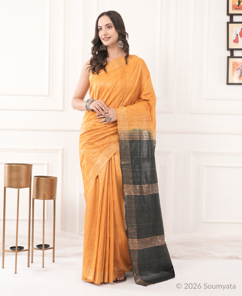 Amber Tussar Ghicha Silk Saree with Charcoal Zari Pallu – Bhagalpuri