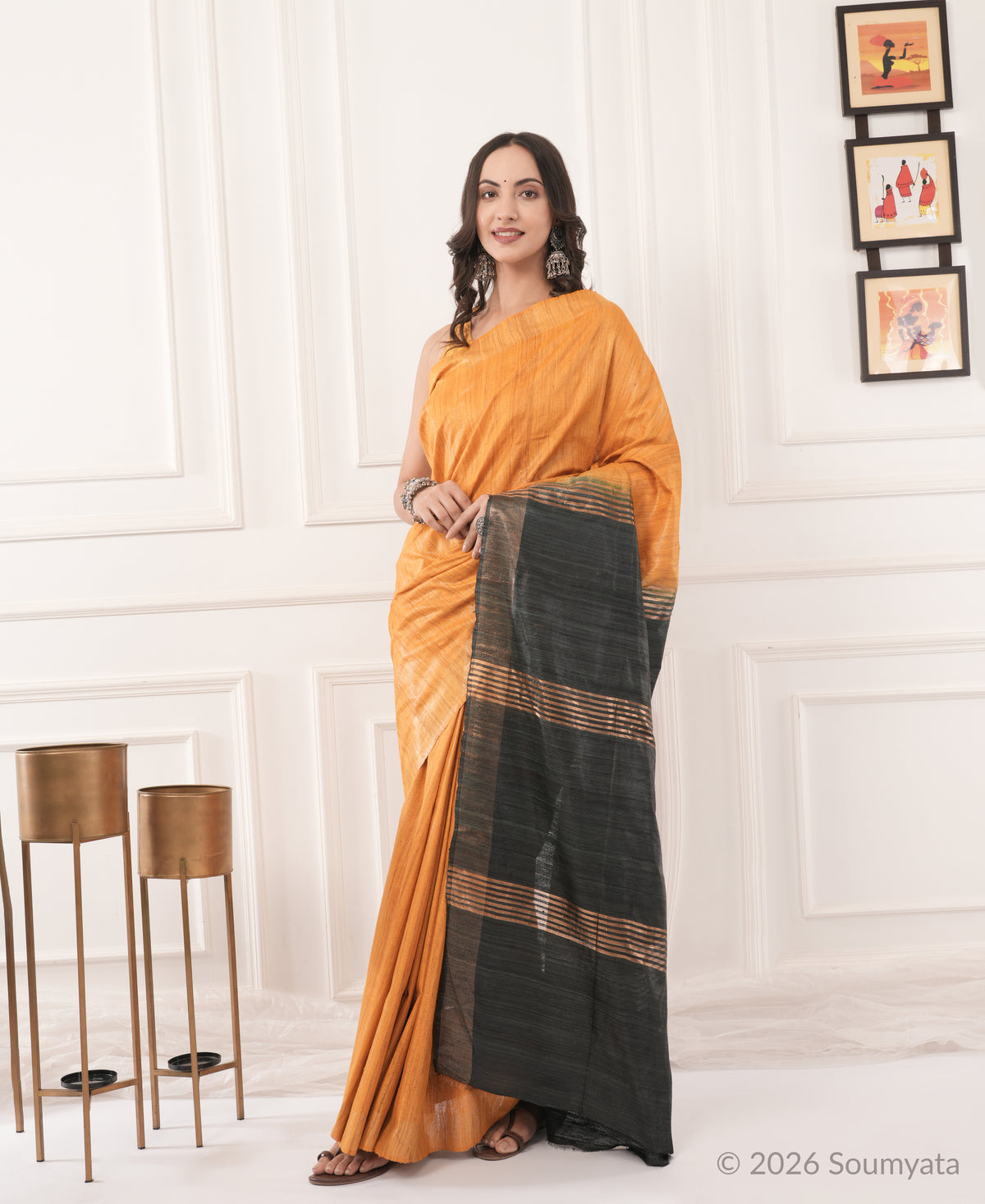 Amber Tussar Ghicha Silk Saree with Charcoal Zari Pallu – Bhagalpuri