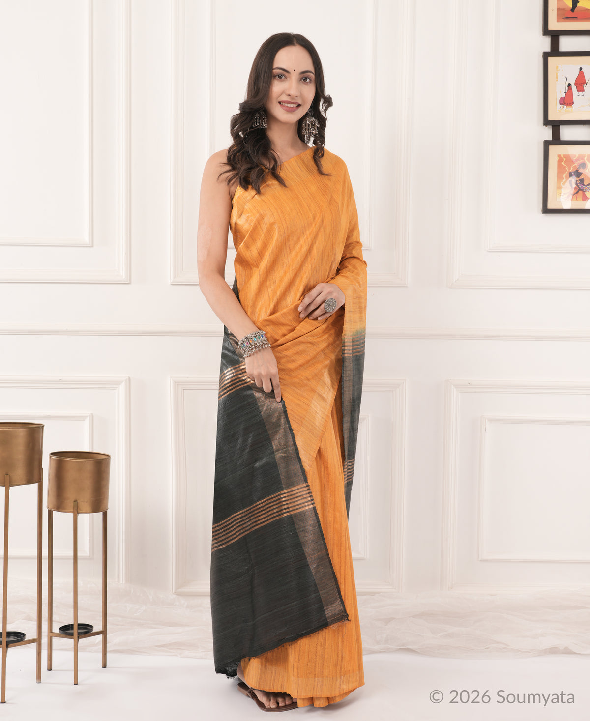 Amber Tussar Ghicha Silk Saree with Charcoal Zari Pallu – Bhagalpuri