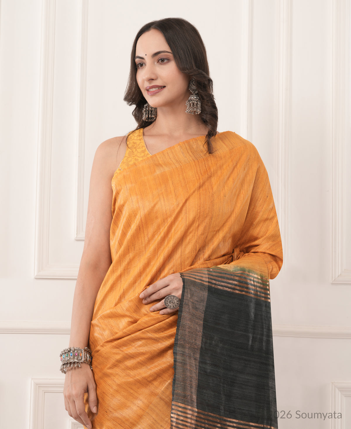 Amber Tussar Ghicha Silk Saree with Charcoal Zari Pallu – Bhagalpuri
