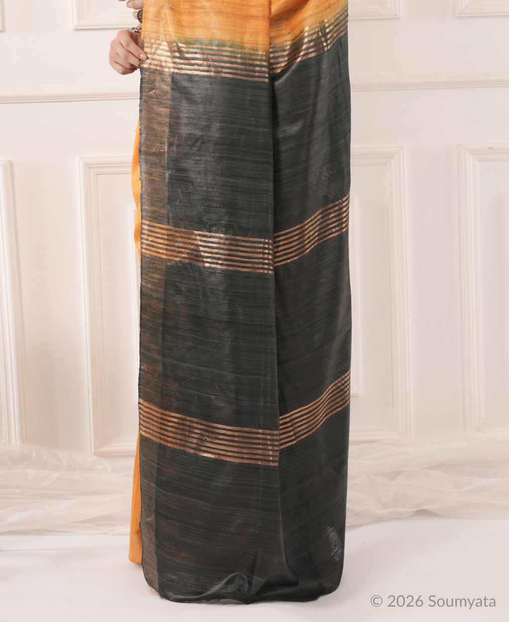 Amber Tussar Ghicha Silk Saree with Charcoal Zari Pallu – Bhagalpuri