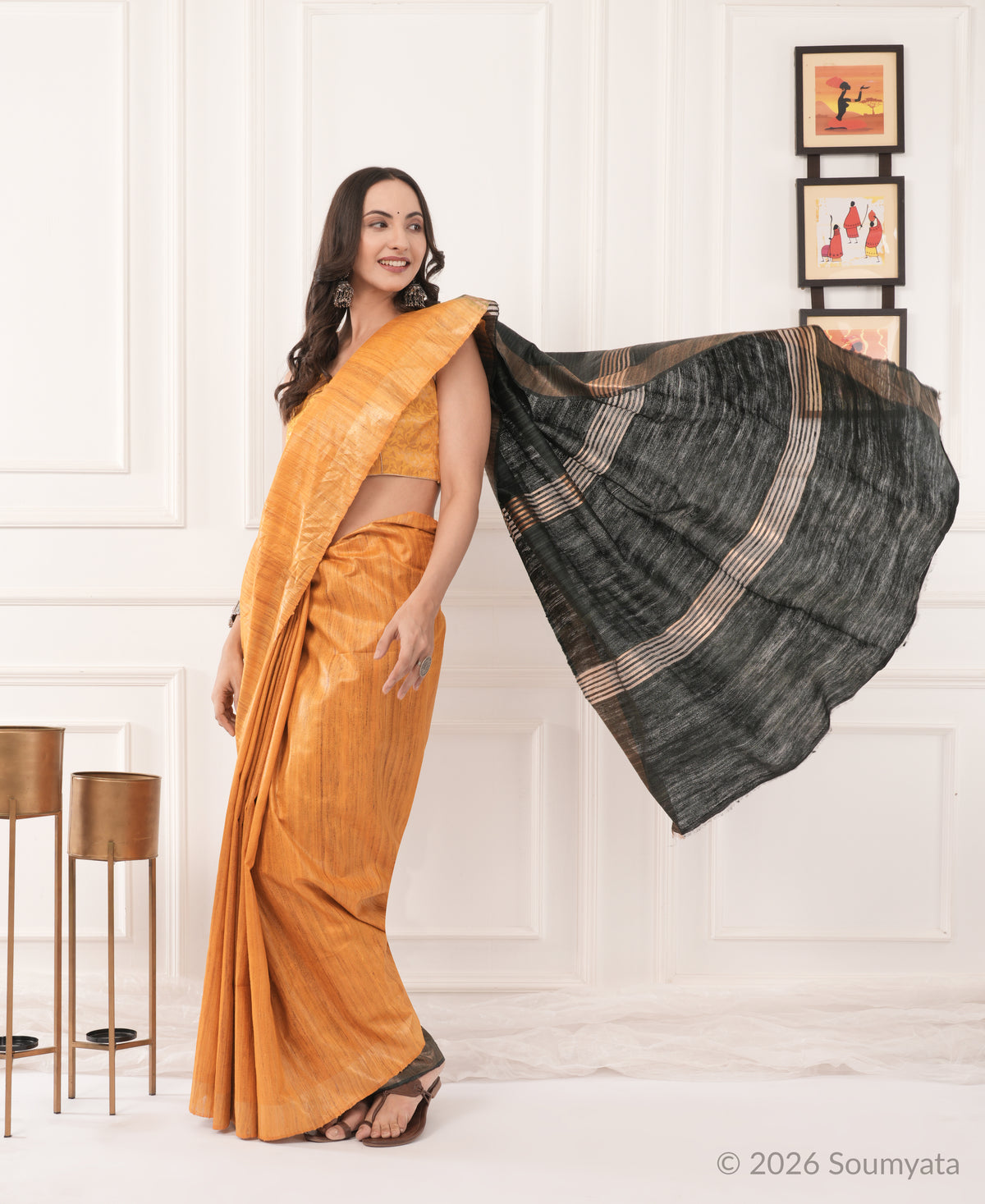 Amber Tussar Ghicha Silk Saree with Charcoal Zari Pallu – Bhagalpuri