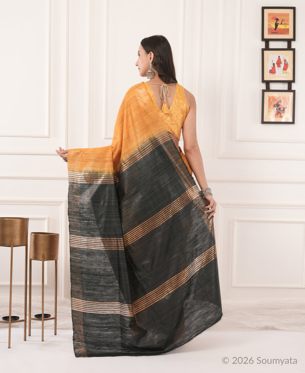 Amber Tussar Ghicha Silk Saree with Charcoal Zari Pallu – Bhagalpuri