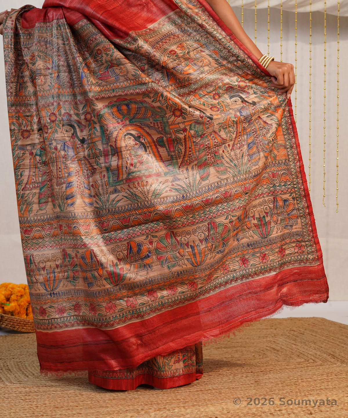 Rust Red Hand Painted Madhubani Tussar Ghicha Silk Saree – Bhagalpuri