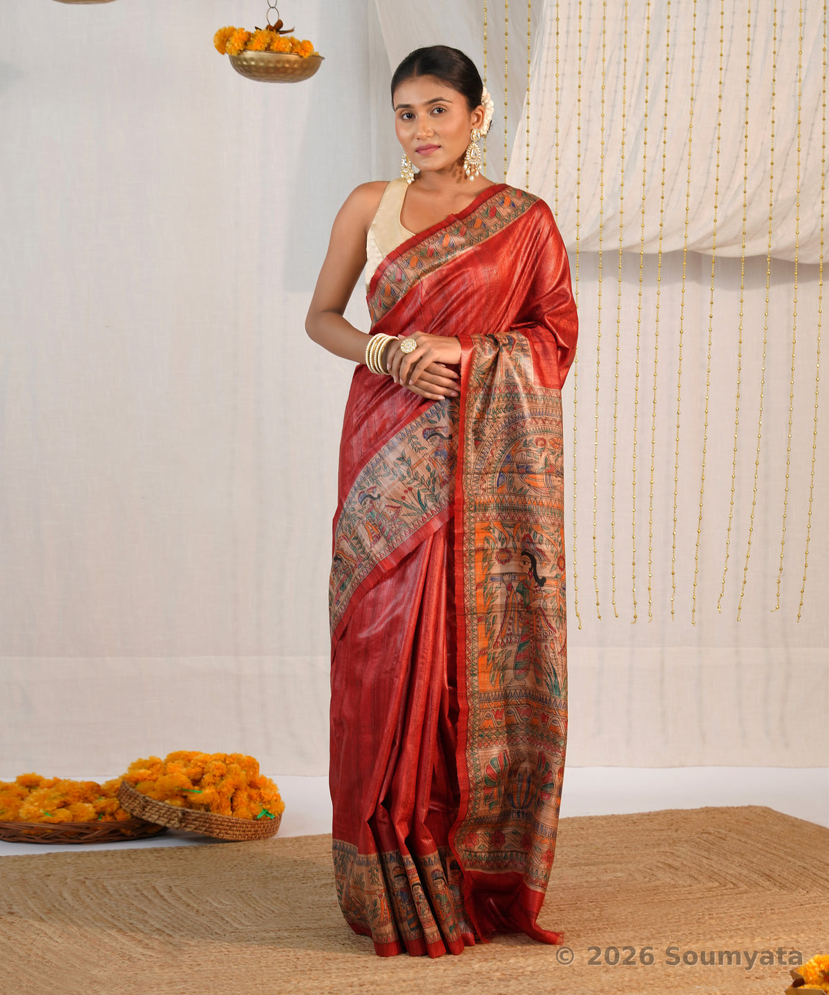 Rust Red Hand Painted Madhubani Tussar Ghicha Silk Saree – Bhagalpuri