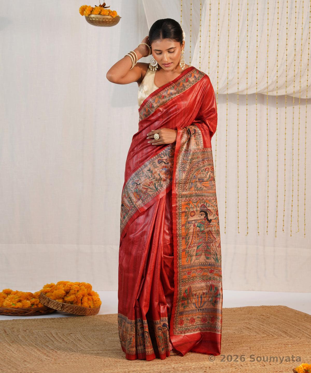 Rust Red Hand Painted Madhubani Tussar Ghicha Silk Saree – Bhagalpuri