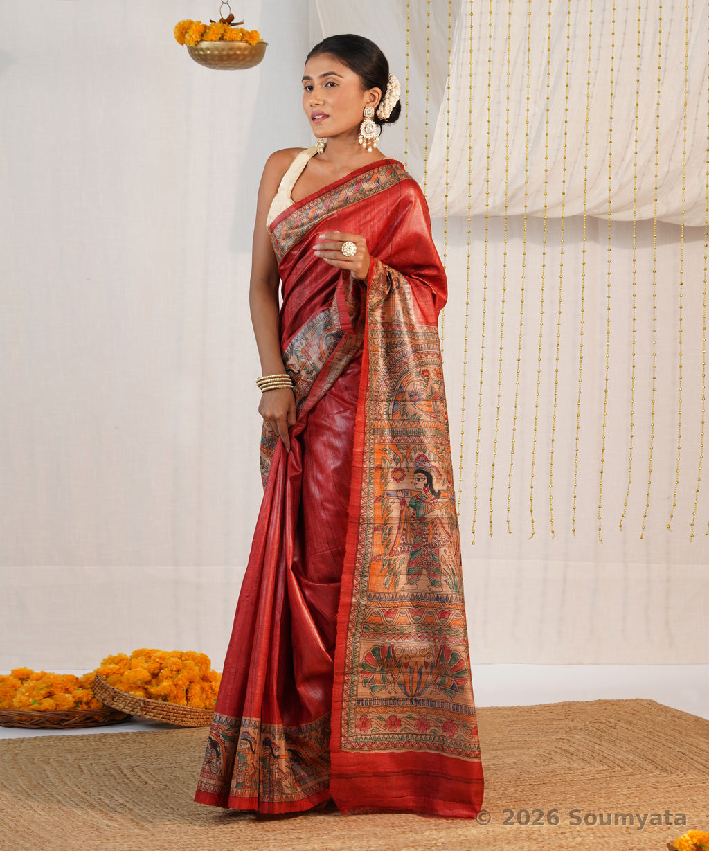 Rust Red Hand Painted Madhubani Tussar Ghicha Silk Saree – Bhagalpuri