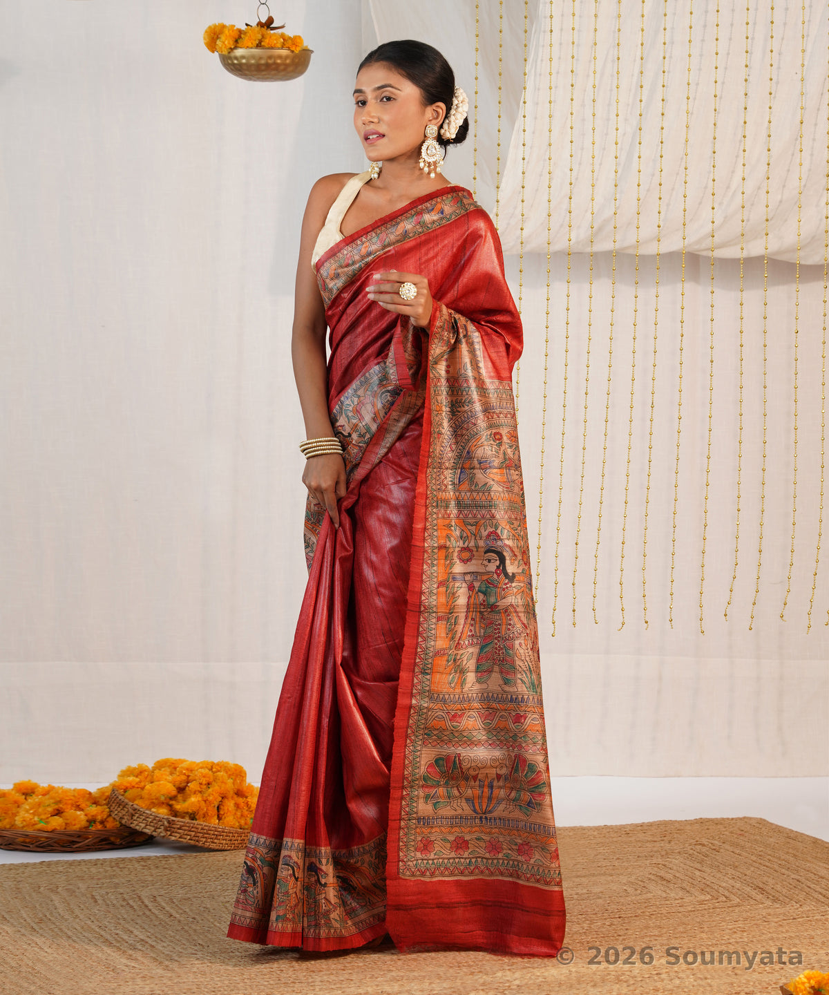Rust Red Hand Painted Madhubani Tussar Ghicha Silk Saree – Bhagalpuri